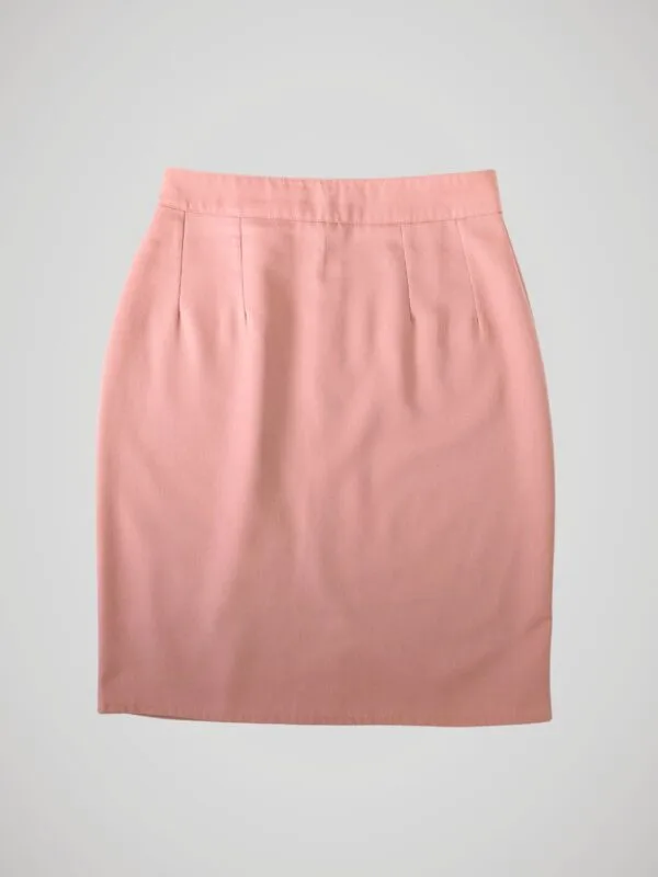Jupe tailleur vintage rose poudré pour femme, taille XS à S, vue de face.