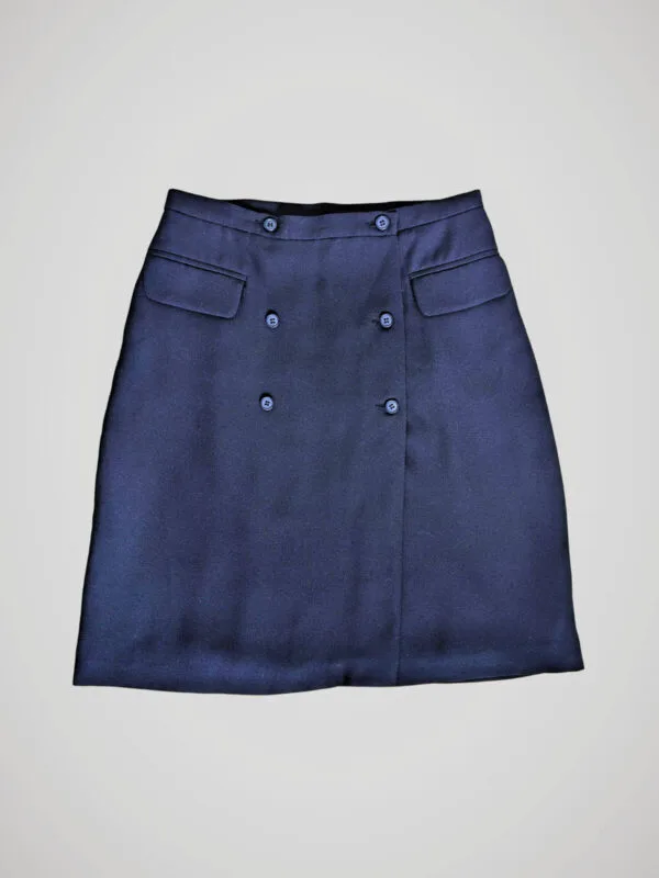 Jupe vintage bleu marine pour femme, taille XS à S, vue de face.