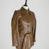 Veste-cuir-marron-vintage-femme-cote Veste vintage en cuir marron pour femme, taille XS à S, vue de côté.
