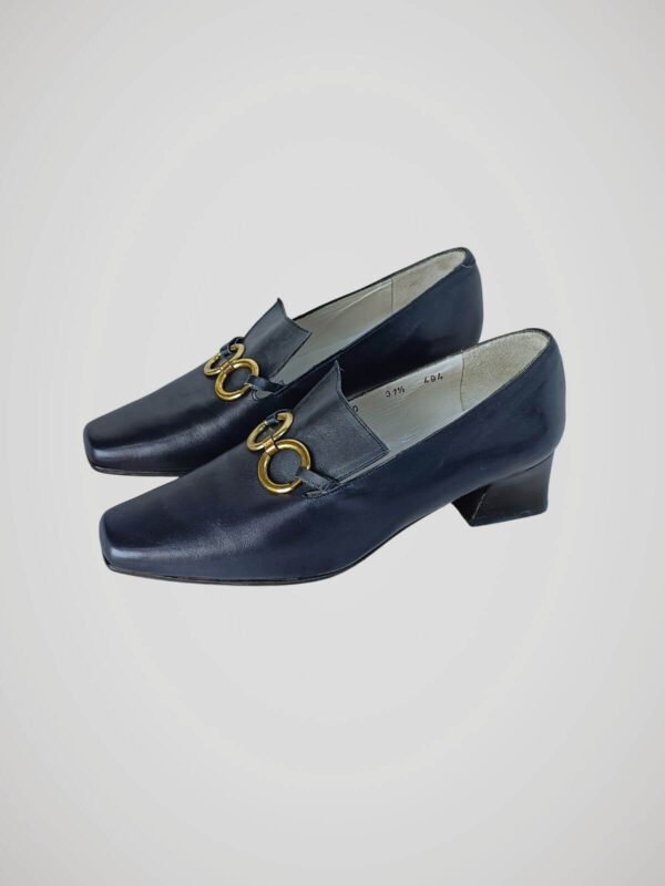 Mocassins bleu nuit vintage pour femme, taille 37, vue de côté.