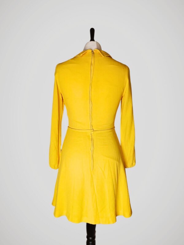 Robe jaune vintage années 70 pour femme, taille XS à S, vue de dos.