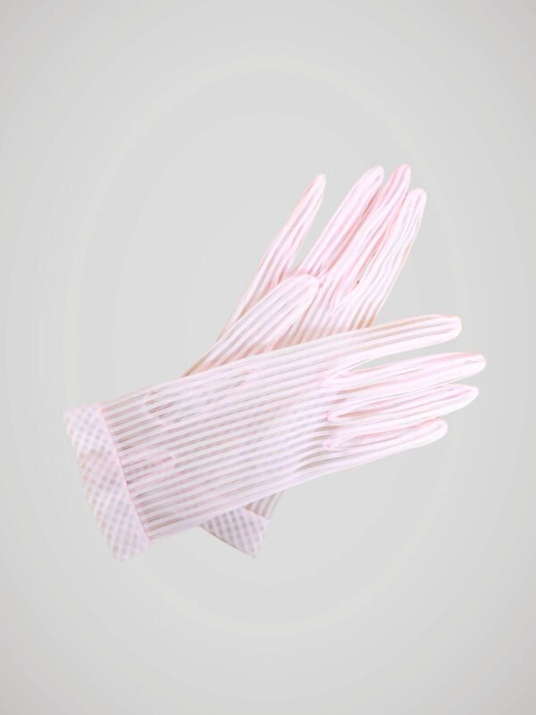 Gants vintage années 50 rose pastel à rayures pour femme, vue de face.