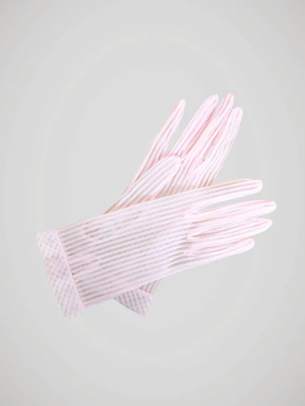 Gants vintage années 50 rose pastel à rayures pour femme, vue de face.