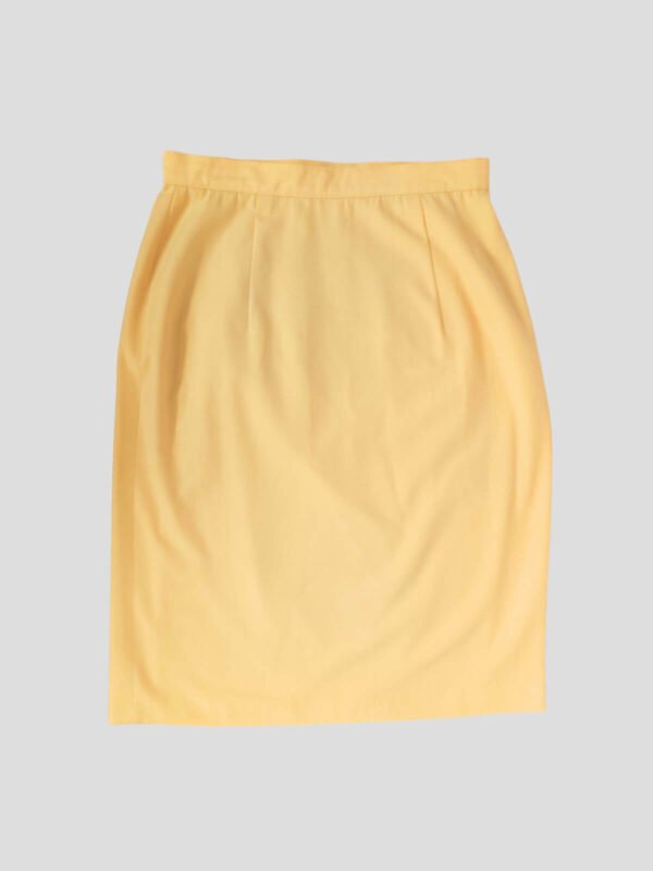 Jupe tailleur portefeuille jaune citron vintage des années 50, faite main, pour femme, taille XS à S, vue de dos.