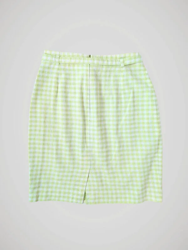 Jupe tailleur vichy vert pomme et blanc, vintage des années 90, pour femme, taille XS à S, vue de dos.
