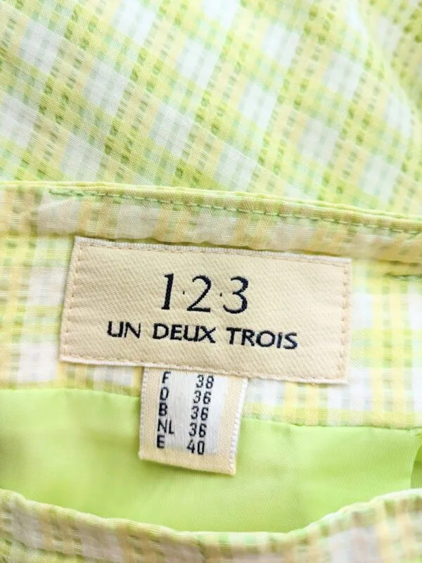 Etiquette de la jupe tailleur vichy vert pomme et blanc, vintage des années 90, pour femme, taille XS à S.