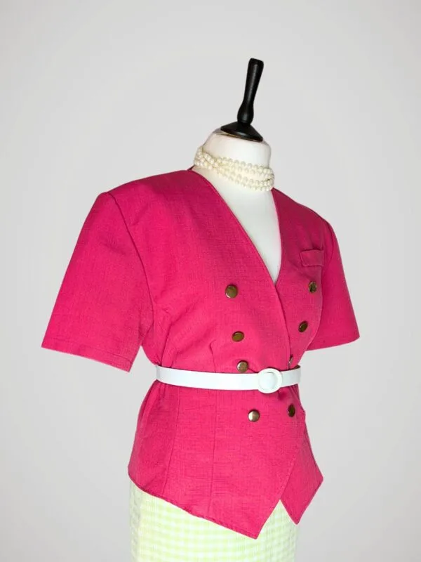 Veste portefeuille rose fuchsia, à manches courtes, vintage des années 80, pour femmes, taille S à M, vue de côté.