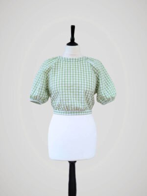 Blouse en coton vichy vert et blanc, pour femme à manches ballons, taille XS à S, vue de face.