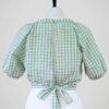 Blouse en coton vichy vert et blanc, pour femme à manches ballons, taille XS à S, vue de dos.