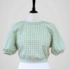 Blouse en coton vichy vert et blanc, pour femme à manches ballons, taille XS à S, vue de face et de plus près.