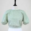 Blouse en coton vichy vert et blanc, pour femme à manches ballons, taille XS à S, vue de face et de plus près.