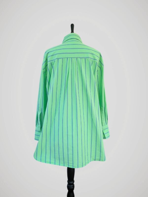 Chemise verte à rayures bleues marines, manches longues en coton pour femme, taille XS (en oversize), S et M, vue de dos.