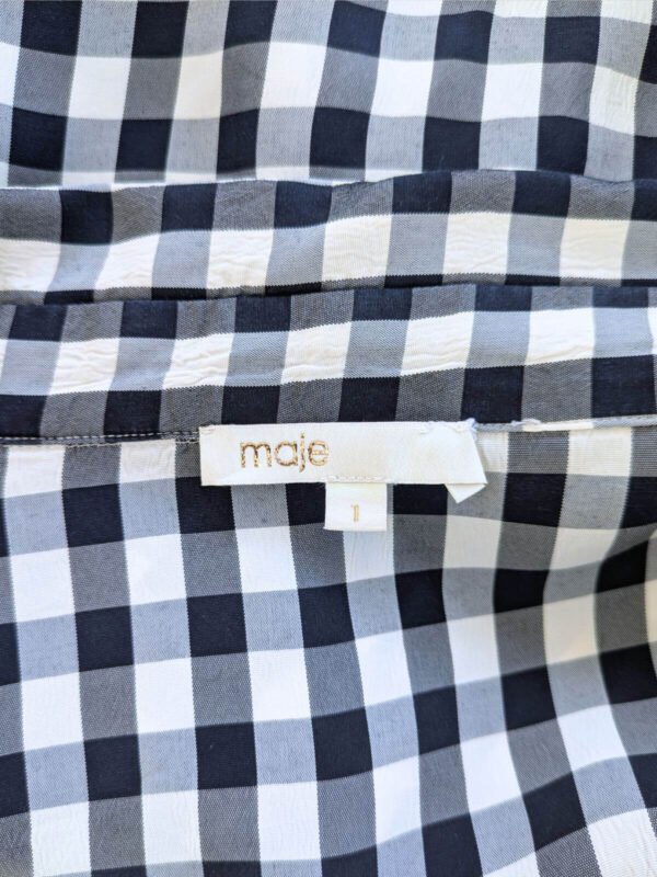 Etiquette de chemise vichy bleu foncé et blanc, manches longues, griffée Maje, pour femme, taille S à M.