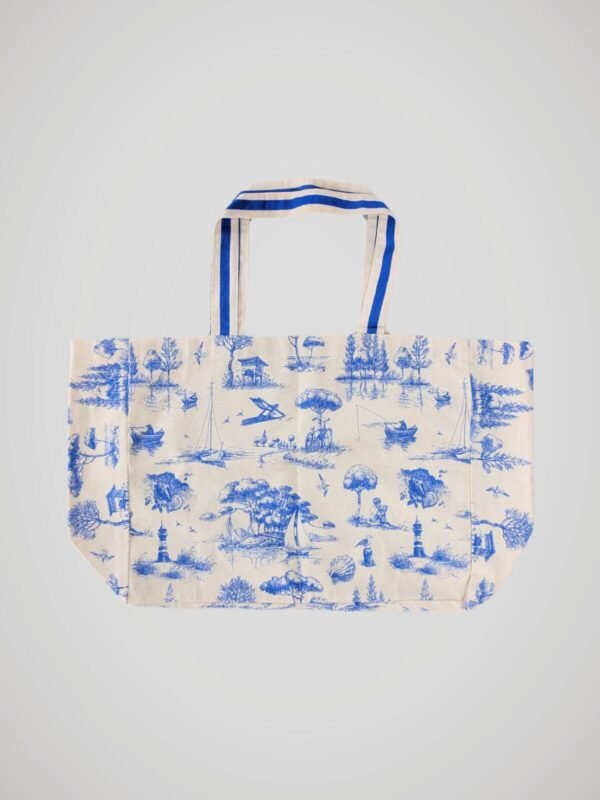 Sac de plage au motif style toile de Jouy, en coton, couleur bleu et beige naturel, marque Linvoges, vue de dos.