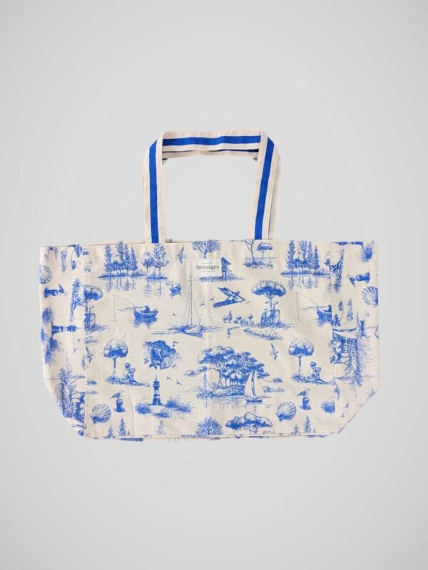 Sac de plage au motif style toile de Jouy, en coton, couleur bleu et beige naturel, marque Linvoges, vue de face.