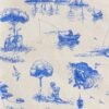 Zoom sur le sac de plage au motif style toile de Jouy, en coton, couleur bleu et beige naturel, marque Linvoges.