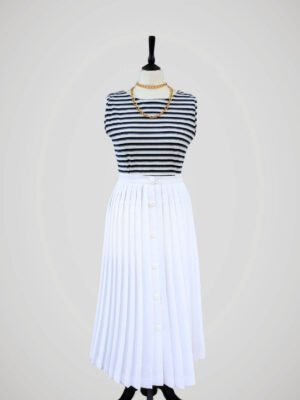 Jupe longue plissée blanche, vintage des années 80, pour femme, taille M à L, vue de face.